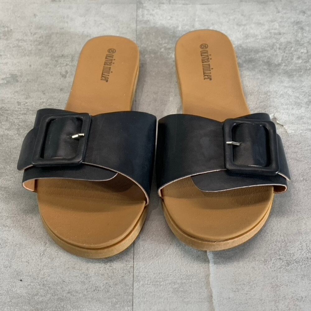 OLIVIA MILLER Women's Black Mia Buckle Round-Toe Slide Sandals SZ 10